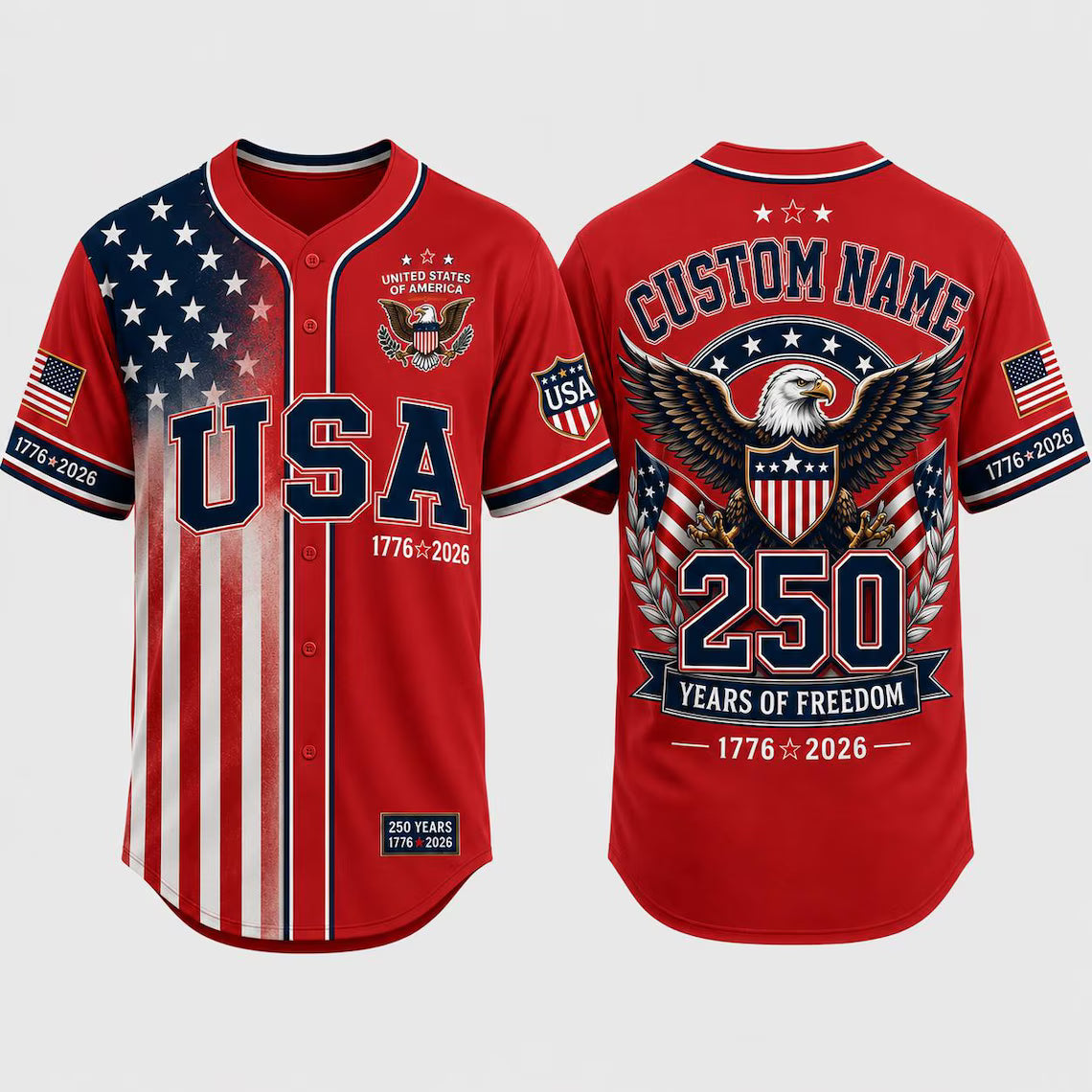 [FREESHIP] America 250th Anniversary Baseball Jersey, Custom Name USA Jersey, 1776 2026 Eagles Shirt, 4th of July Gift, Freedom Jersey