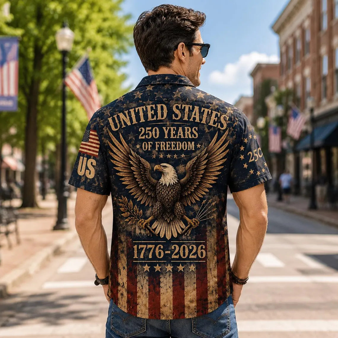 [FREESHIP] 250 Years USA Patriotic Shirt,We The People 1776-2026 Eagle Graphic,Distressed American Flag Short Sleeve Button-Up, Freedom Anniversary Tee