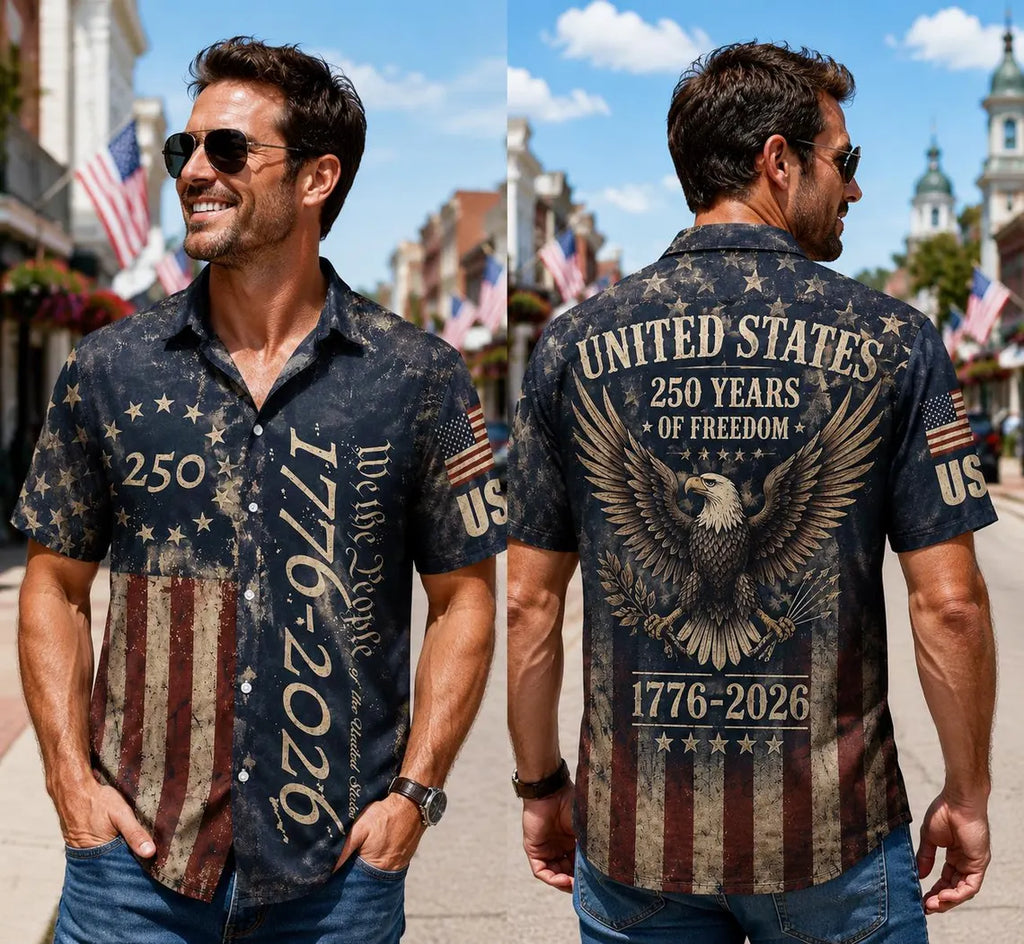 [FREESHIP] 250 Years USA Patriotic Shirt,We The People 1776-2026 Eagle Graphic,Distressed American Flag Short Sleeve Button-Up, Freedom Anniversary Tee