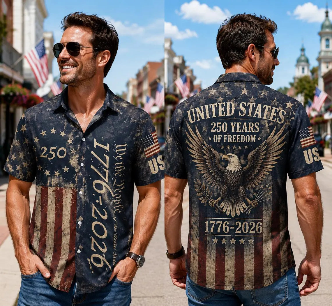 [FREESHIP] 250 Years USA Patriotic Shirt,We The People 1776-2026 Eagle Graphic,Distressed American Flag Short Sleeve Button-Up, Freedom Anniversary Tee