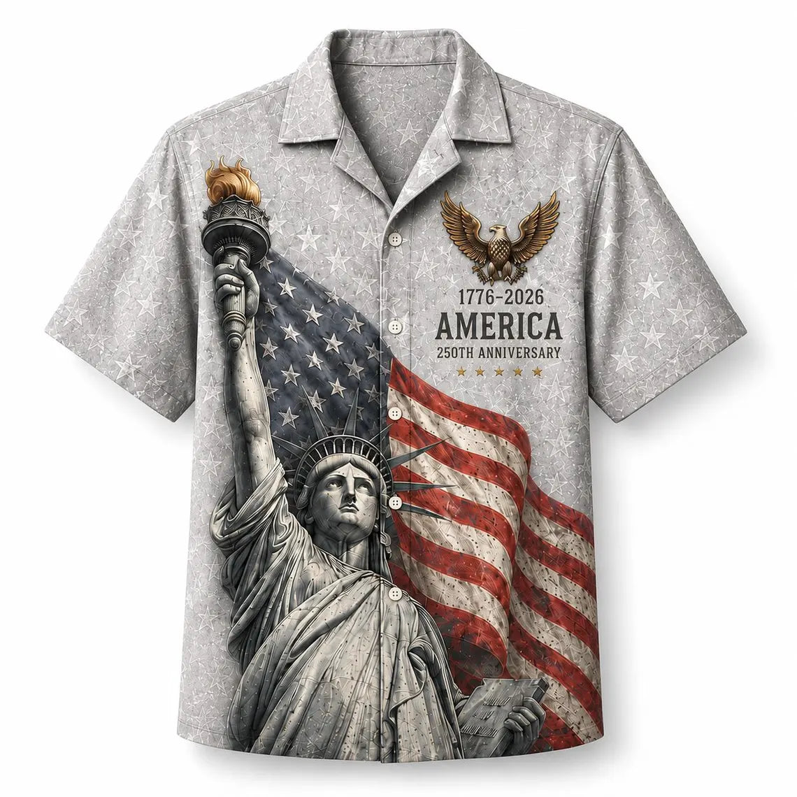 [FREESHIP] Custom Americana Hawaiian Shirt, Patriotic USA 250 Year Celebration, Eagle Statue Liberty Print, 4th of July Shirt, Summer Hawaiian Shirt