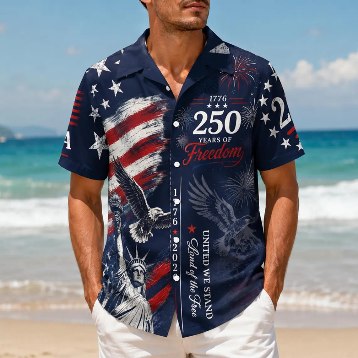 [FREESHIP] USA 250th Anniversary Mens Hawaiian Shirt, Retro American Flag Button Down, Patriotic 1776-2026 Independence Day Apparel