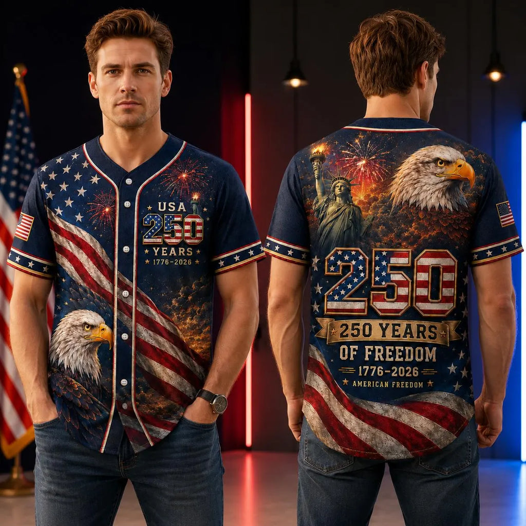 [FREESHIP] USA 250th Anniversary Baseball Jersey, 1776 2026 Patriotic Eagle Flag Shirt, 4th of July Jersey, America Freedom Gift for Men, Family