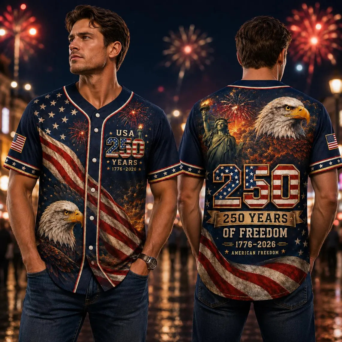 [FREESHIP] USA 250th Anniversary Baseball Jersey, 1776 2026 Patriotic Eagle Flag Shirt, 4th of July Jersey, America Freedom Gift for Men, Family