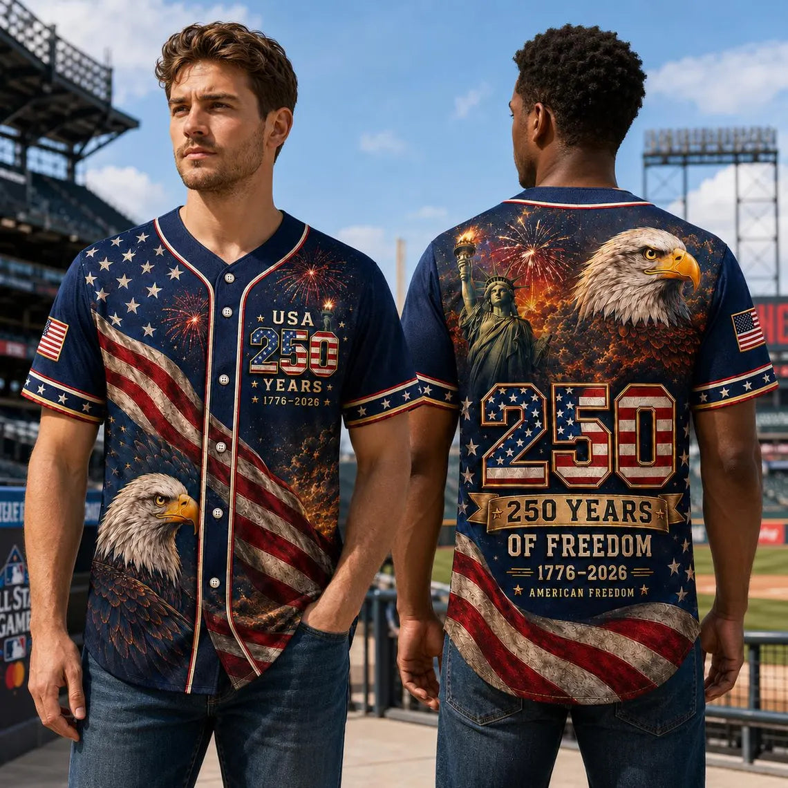 [FREESHIP] USA 250th Anniversary Baseball Jersey, 1776 2026 Patriotic Eagle Flag Shirt, 4th of July Jersey, America Freedom Gift for Men, Family