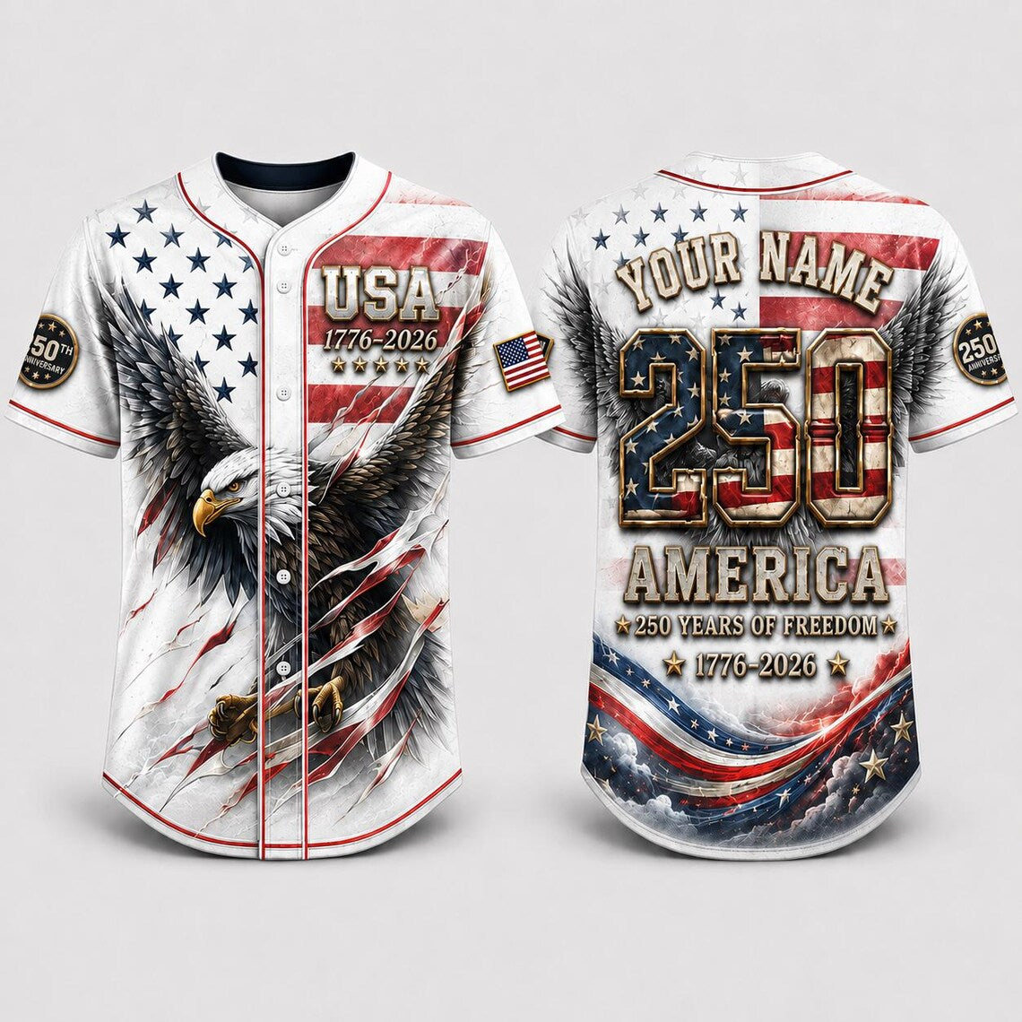 [FREESHIP] USA 250th Anniversary Baseball Jersey, Patriotic Eagle Shirt, 1776-2026 Independence Day Jersey, Custom Name America Jersey
