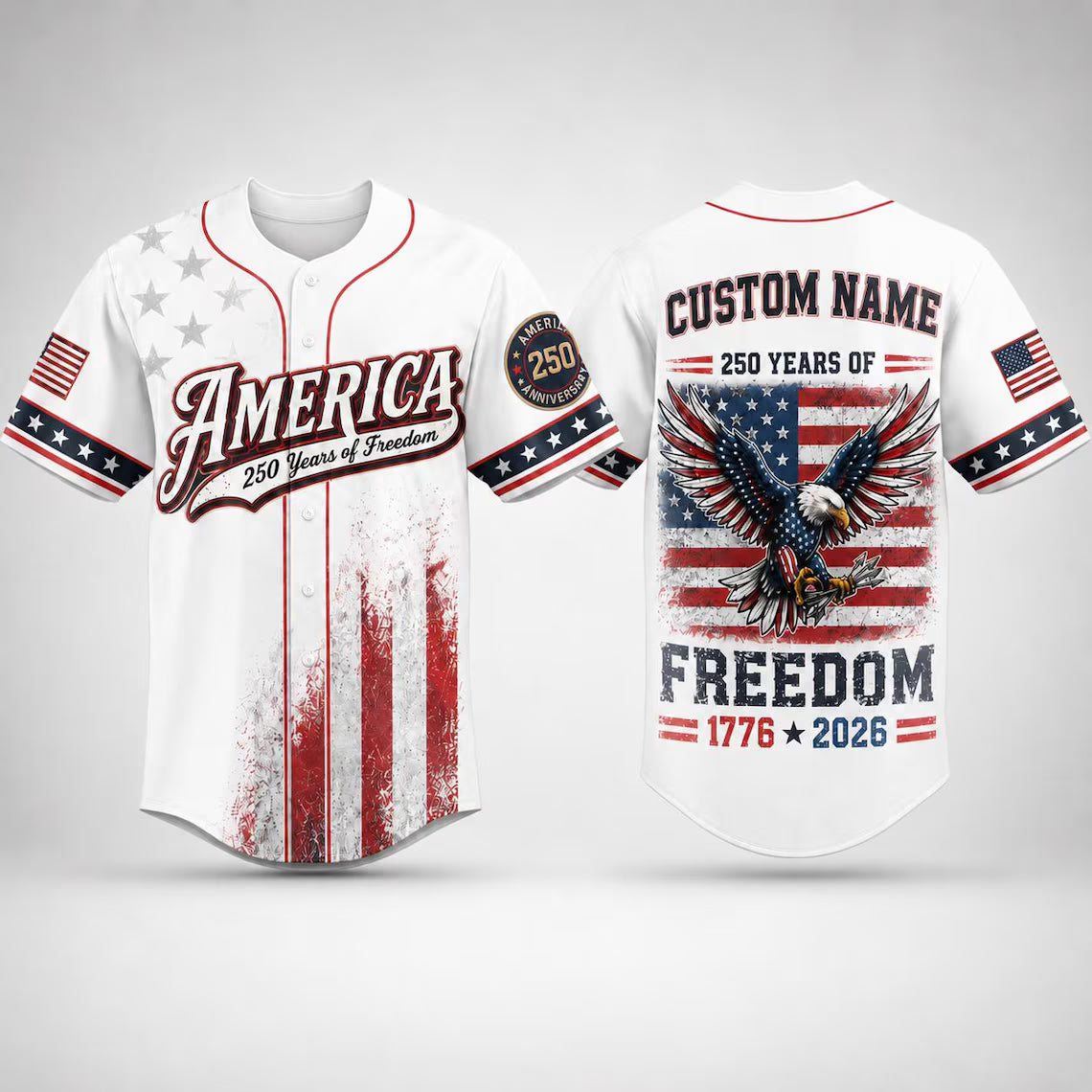 [FREESHIP] Custom America Baseball Jersey, 250 Years of Freedom Shirt, Patriotic Eagle Jersey, 1776 2026 USA Jersey, Independence Day Gift