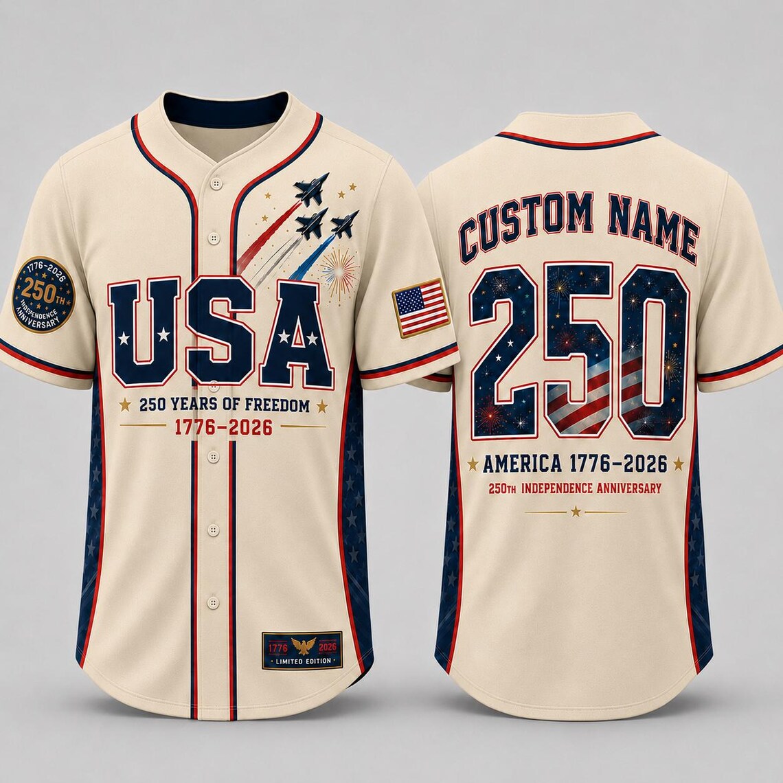 [FREESHIP] Custom USA 250th Anniversary Baseball Jersey, Personalized Name 1776 2026 America Jersey, Patriotic 4th of July Shirt, Freedom Gift