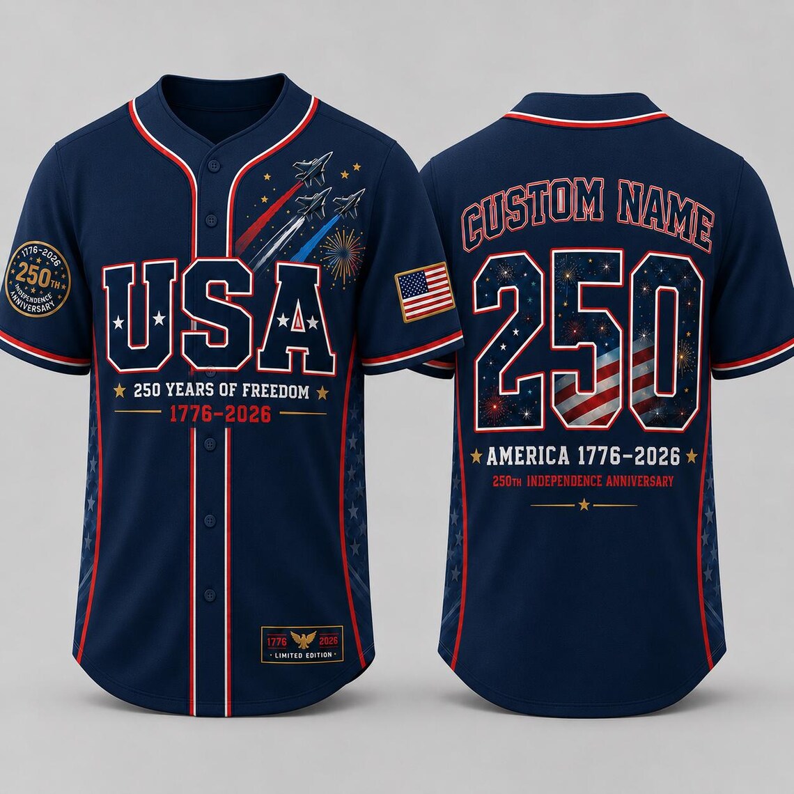 [FREESHIP] Custom USA 250th Anniversary Baseball Jersey, Personalized Name 1776 2026 America Jersey, Patriotic 4th of July Shirt, Freedom Gift