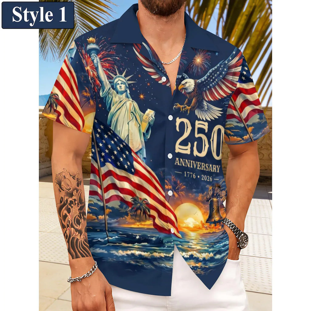 [FREESHIP] Men's Hawaiian Shirt America's Freedom 250th Anniversary,1776-2026 Patriotic Short Sleeve Button Down Vintage Shirt,United States 250 Years