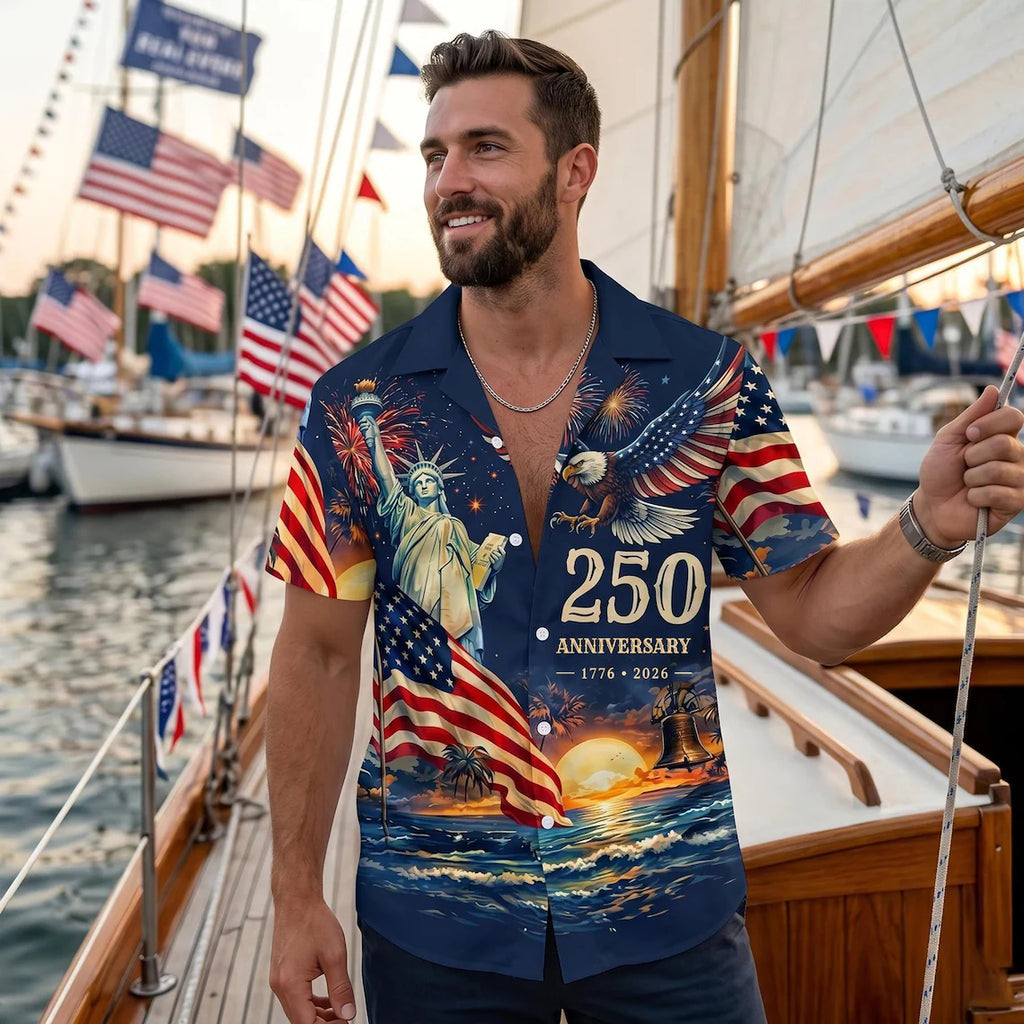 [FREESHIP] Men's Hawaiian Shirt America's Freedom 250th Anniversary,1776-2026 Patriotic Short Sleeve Button Down Vintage Shirt,United States 250 Years