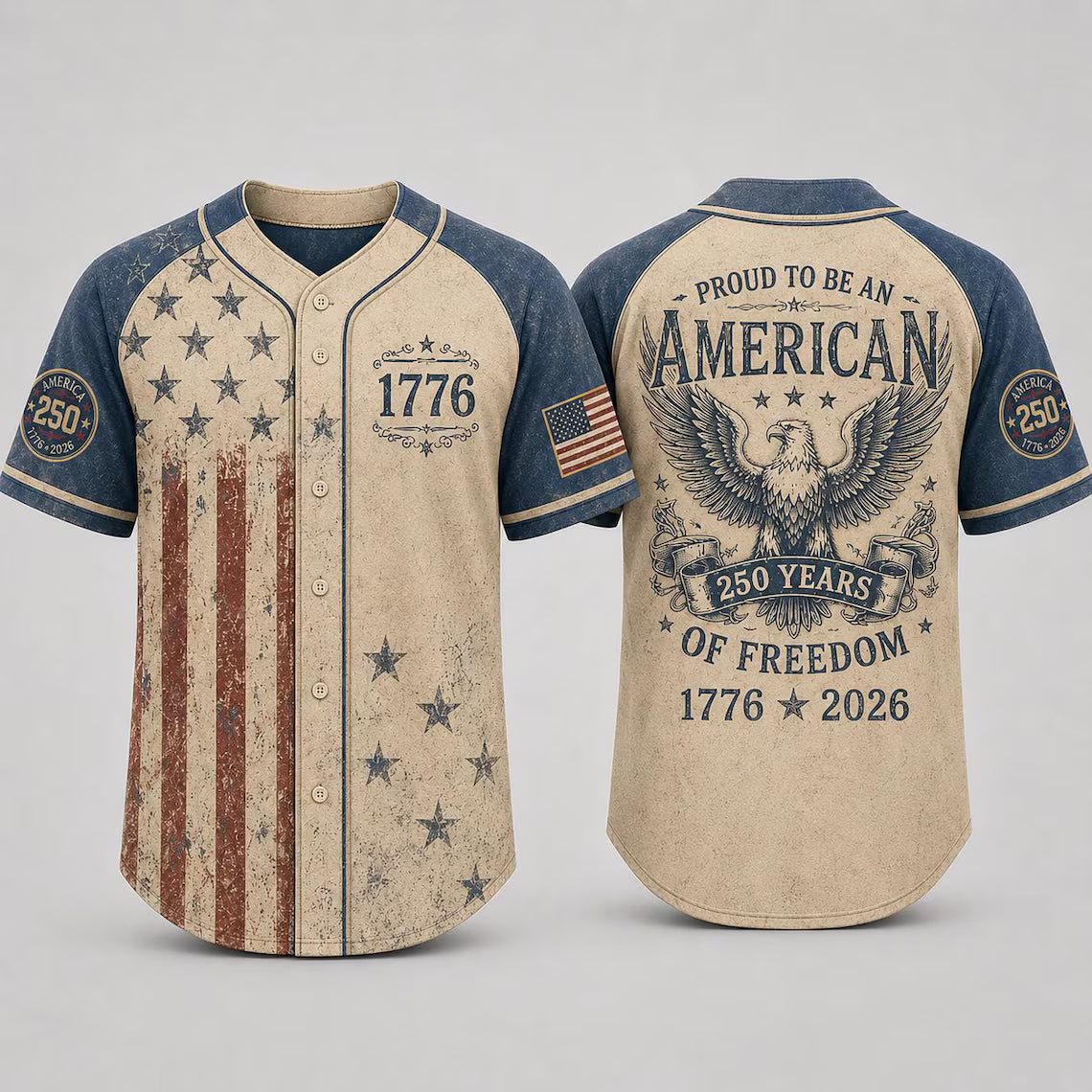 [FREESHIP] USA 250th Anniversary Baseball Jersey, 1776 Patriotic American Flag Button Shirt, Proud To Be American Freedom Baseball Jersey