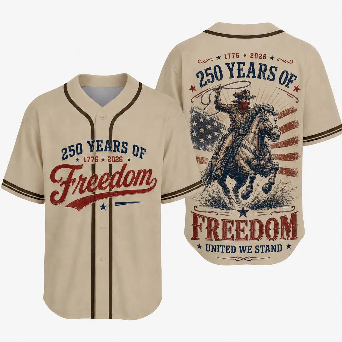 [FREESHIP] USA 250th Anniversary Cowboy Horse Baseball Jersey, 1776-2026 Cowgirl Patriotic Statue of Liberty 4th of July Jersey, Years of Freedom Gifts