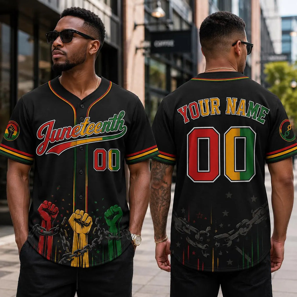 [FREESHIP] Juneteenth Baseball Jersey, Personalized Black History Shirt, Custom Name Number Freedom Jersey Breaking Every Chain Since 1865 Shirt