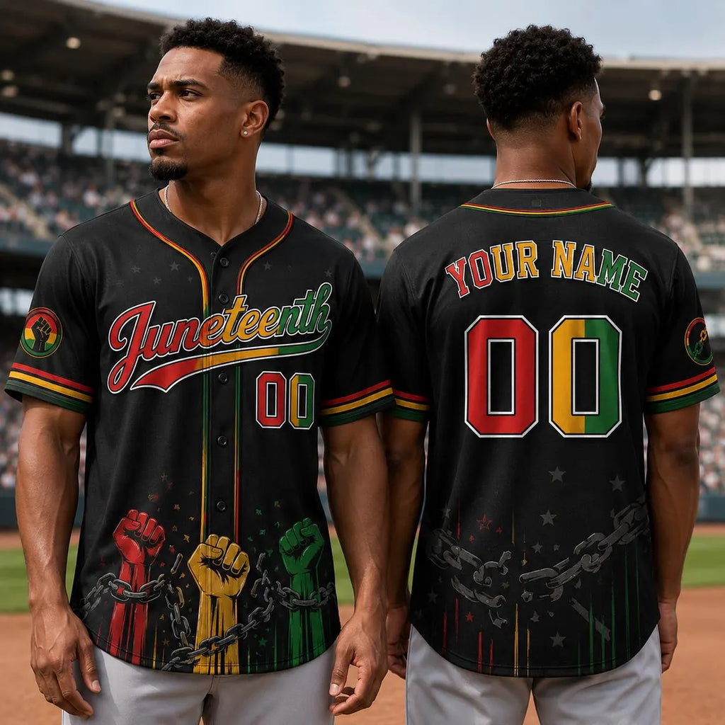 [FREESHIP] Juneteenth Baseball Jersey, Personalized Black History Shirt, Custom Name Number Freedom Jersey Breaking Every Chain Since 1865 Shirt