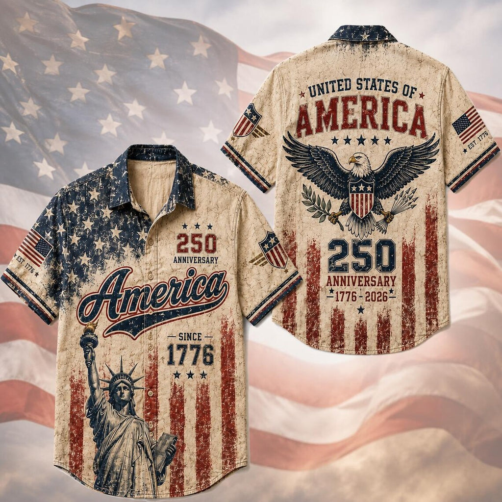[FREESHIP] Vintage America 250th Anniversary Button Up Shirt, Patriotic Eagle Independence Day USA 1776 2026 Distressed Hawaiian Shirt,4th of July Gift