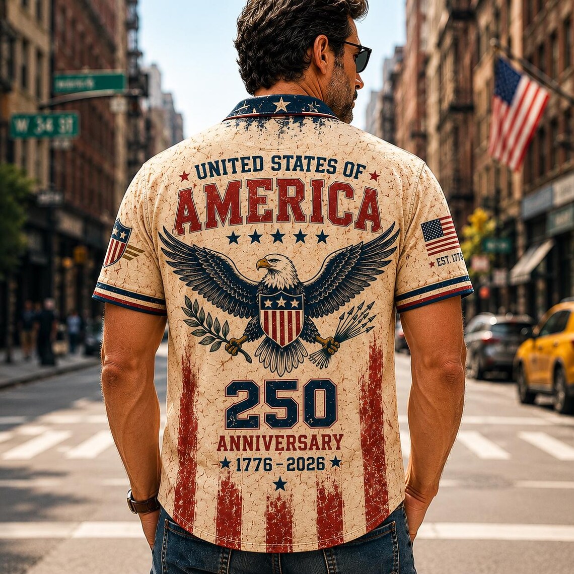 [FREESHIP] Vintage America 250th Anniversary Button Up Shirt, Patriotic Eagle Independence Day USA 1776 2026 Distressed Hawaiian Shirt,4th of July Gift
