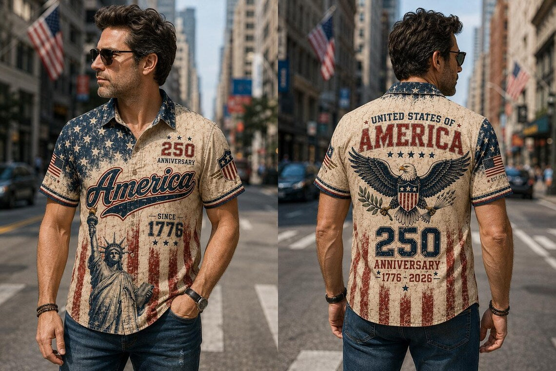 [FREESHIP] Vintage America 250th Anniversary Button Up Shirt, Patriotic Eagle Independence Day USA 1776 2026 Distressed Hawaiian Shirt,4th of July Gift