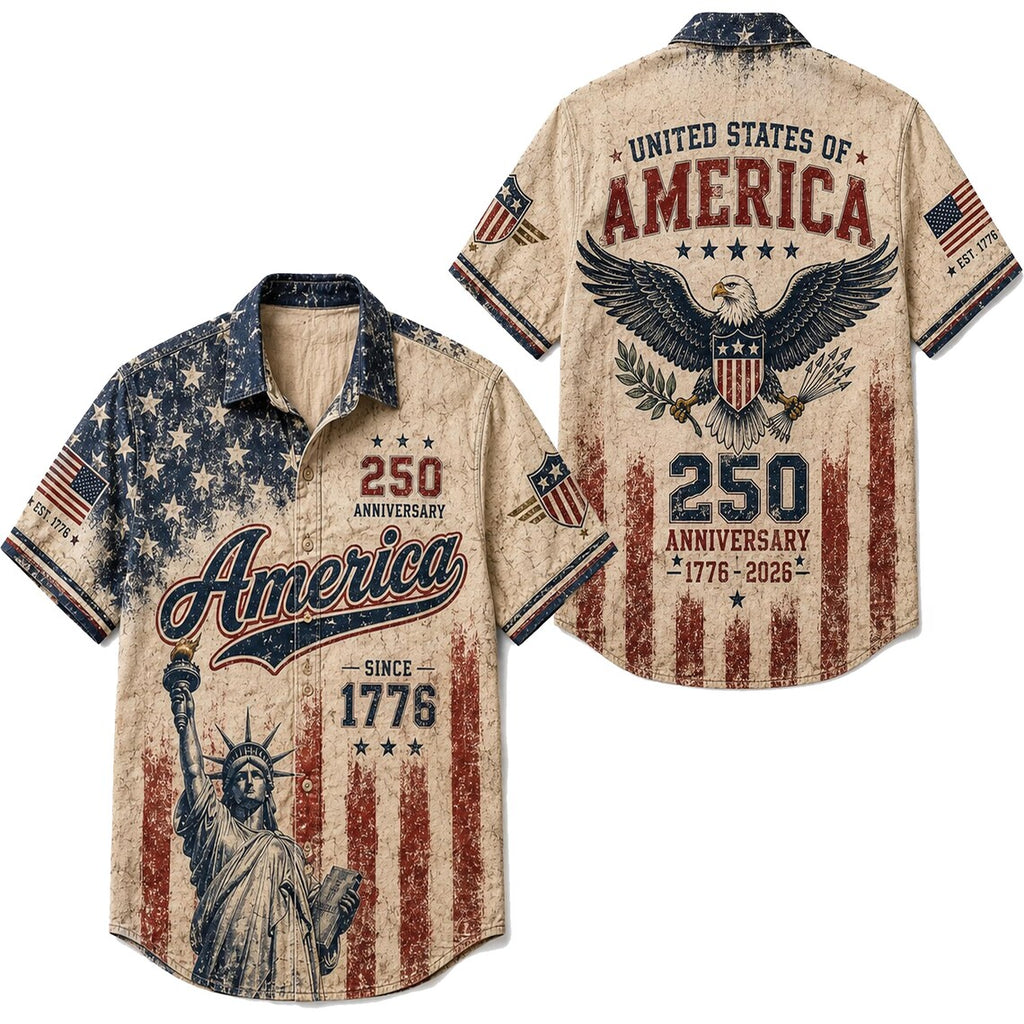 [FREESHIP] Vintage America 250th Anniversary Button Up Shirt, Patriotic Eagle Independence Day USA 1776 2026 Distressed Hawaiian Shirt,4th of July Gift