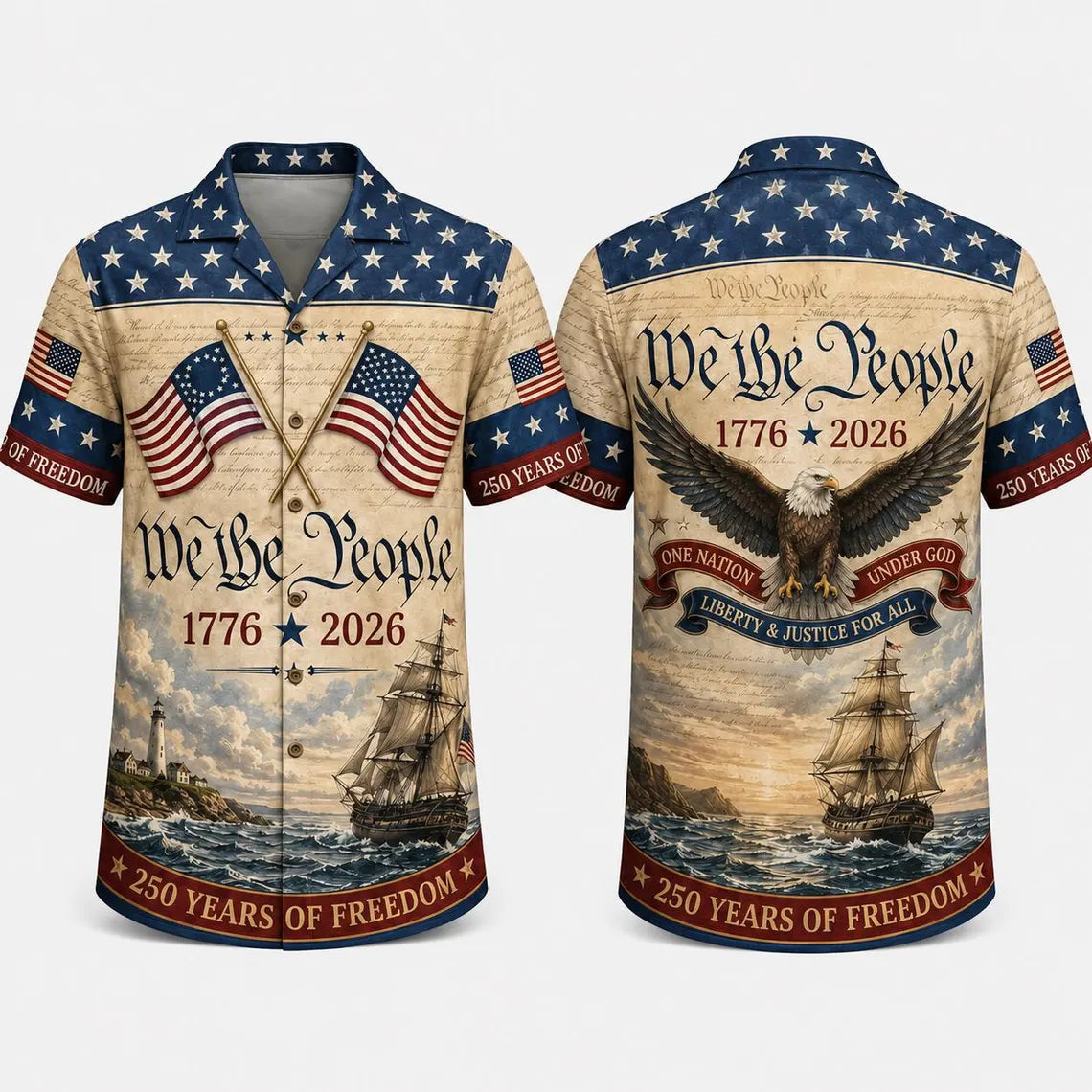 [FREESHIP] 250th America Anniversary Hawaiian Shirt, US 250 Years Hawaiian Shirt, Patriotic Hawaiian Shirt with USA Flag, We The People Hawaiian Shirt, Retro Independence Day Hawaiian Shirt
