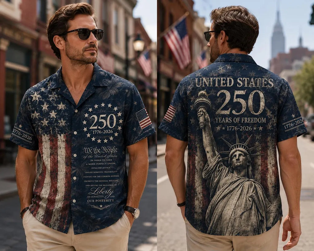 [FREESHIP] America 250th Anniversary Hawaiian Shirt, United States 250 Years of Freedom Shirt, 1776 2026 Patriotic USA Button Up Polyester Breathable