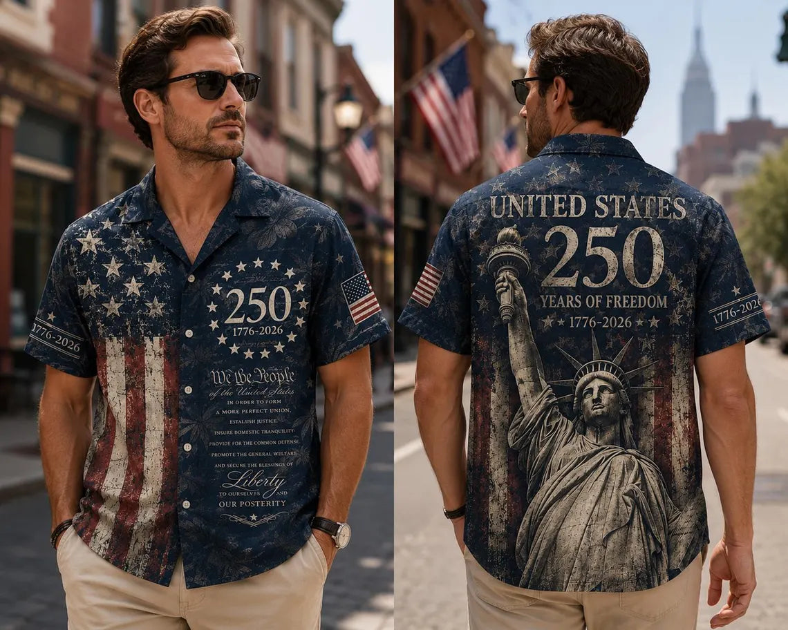 [FREESHIP] America 250th Anniversary Hawaiian Shirt, United States 250 Years of Freedom Shirt, 1776 2026 Patriotic USA Button Up Polyester Breathable