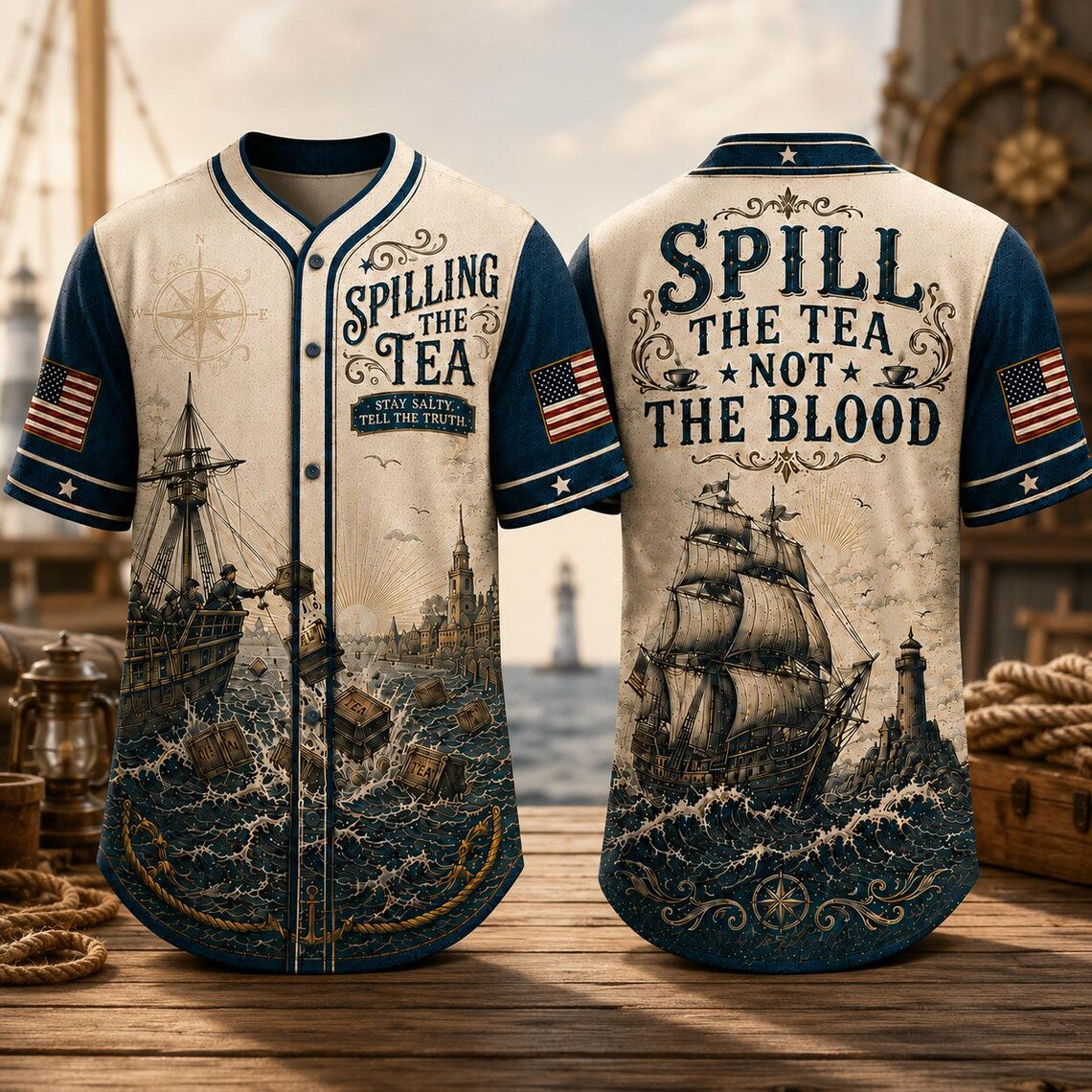 [FREESHIP] Spilling The Tea Since 1773 Jersey, Funny 4th of July Jersey, Boston Tea Party Patriotic Shirt, USA Independence Day Gift