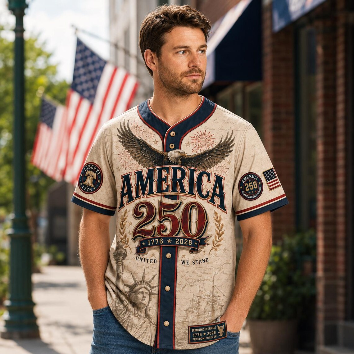 [FREESHIP] Personalized 250 Years of Freedom Army Jersey, Military Eagle Patriotic Shirt, Custom Name 1776 2026 Veteran Gift for Men Dad