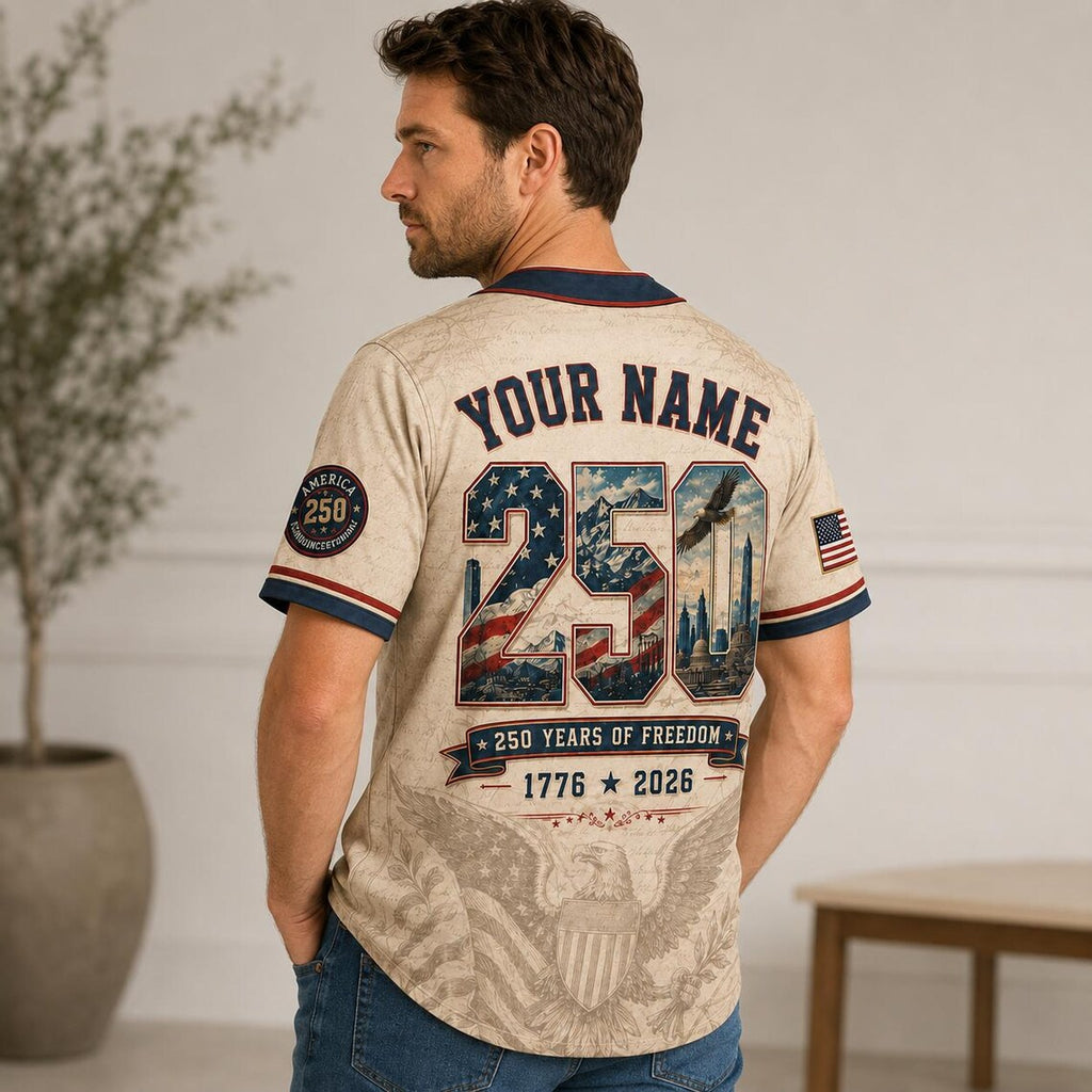 [FREESHIP] Personalized 250 Years of Freedom Army Jersey, Military Eagle Patriotic Shirt, Custom Name 1776 2026 Veteran Gift for Men Dad