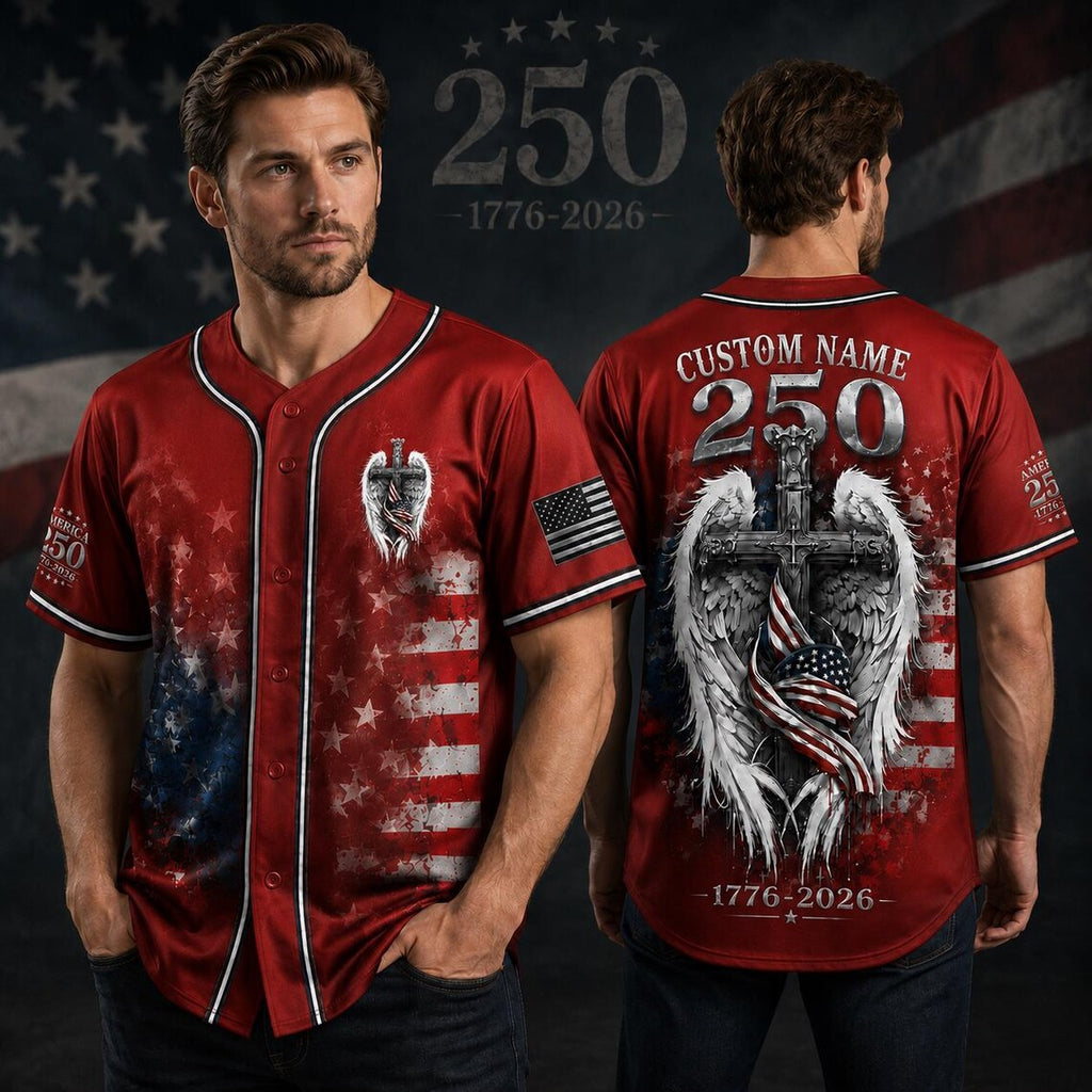 [FREESHIP] Personalized USA 250th Anniversary Baseball Jersey, Custom Name America 1776-2026 Jersey, American Flag Cross Rose Shirt, 4th of July Gift
