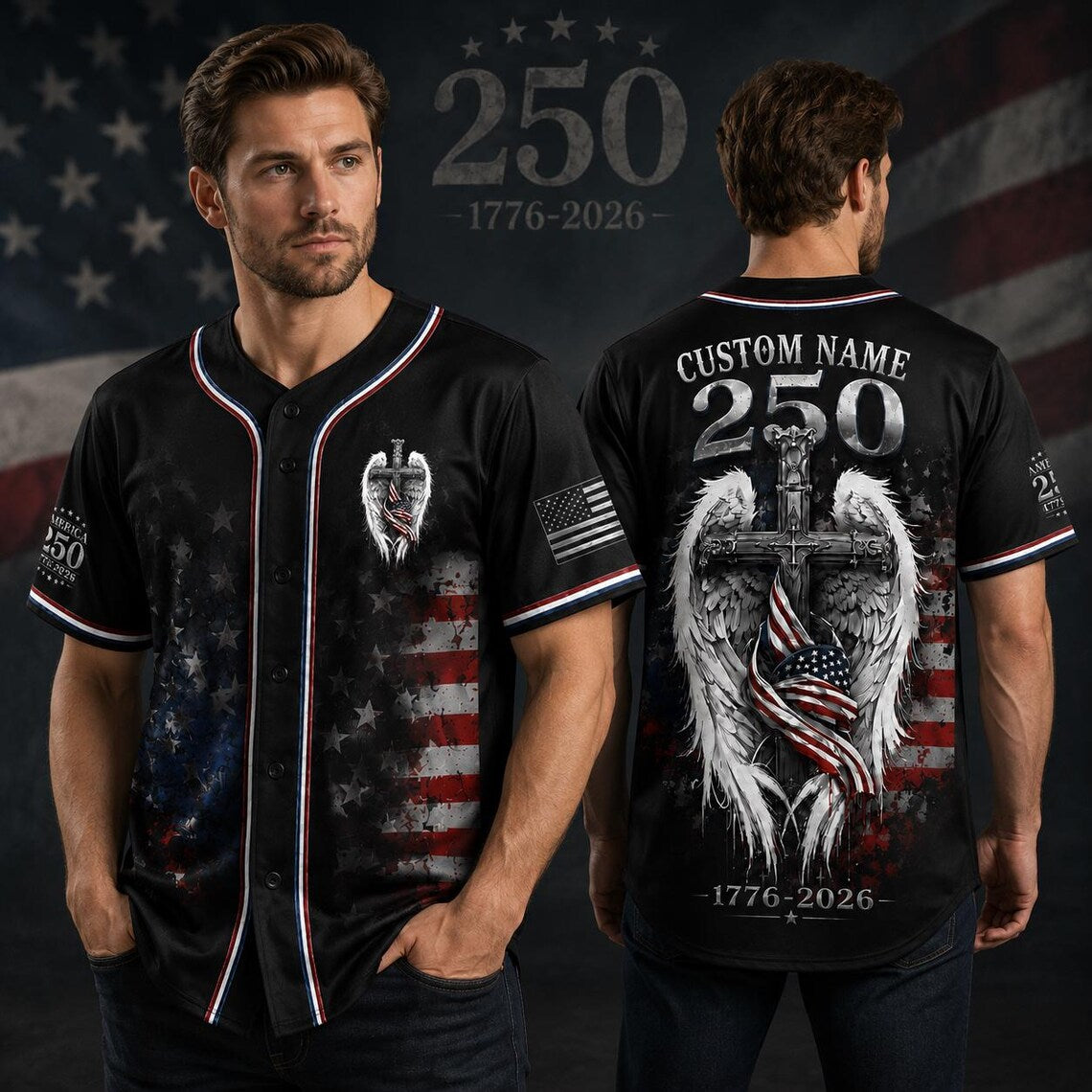 [FREESHIP] Personalized USA 250th Anniversary Baseball Jersey, Custom Name America 1776-2026 Jersey, American Flag Cross Rose Shirt, 4th of July Gift