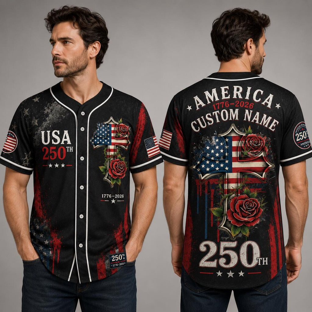 [FREESHIP] Personalized USA 250th Anniversary Baseball Jersey, Custom Name America 1776-2026 Jersey, American Flag Cross Rose Shirt, 4th of July Gift
