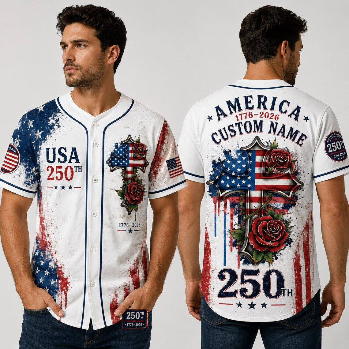 [FREESHIP] Personalized USA 250th Anniversary Baseball Jersey, Custom Name America 1776-2026 Jersey, American Flag Cross Rose Shirt, 4th of July Gift