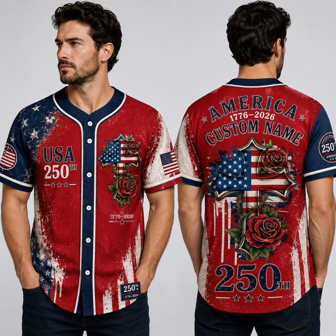 [FREESHIP] Personalized USA 250th Anniversary Baseball Jersey, Custom Name America 1776-2026 Jersey, American Flag Cross Rose Shirt, 4th of July Gift