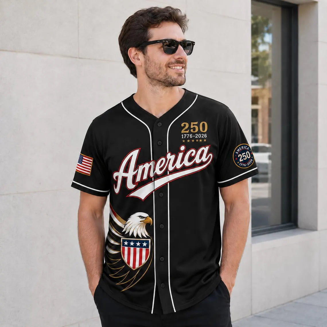 [FREESHIP] Custom USA Baseball Jersey, Semiquincentennial 1776 2026 Commemorative Shirt, Classic Blue Fourth of July Clothing, Patriot Mens Gift