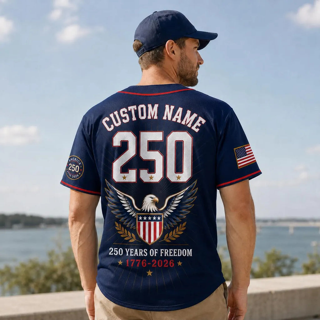 [FREESHIP] Custom USA Baseball Jersey, Semiquincentennial 1776 2026 Commemorative Shirt, Classic Blue Fourth of July Clothing, Patriot Mens Gift