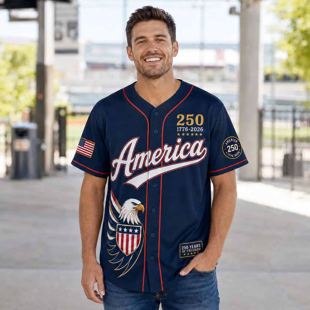 [FREESHIP] Custom USA Baseball Jersey, Semiquincentennial 1776 2026 Commemorative Shirt, Classic Blue Fourth of July Clothing, Patriot Mens Gift