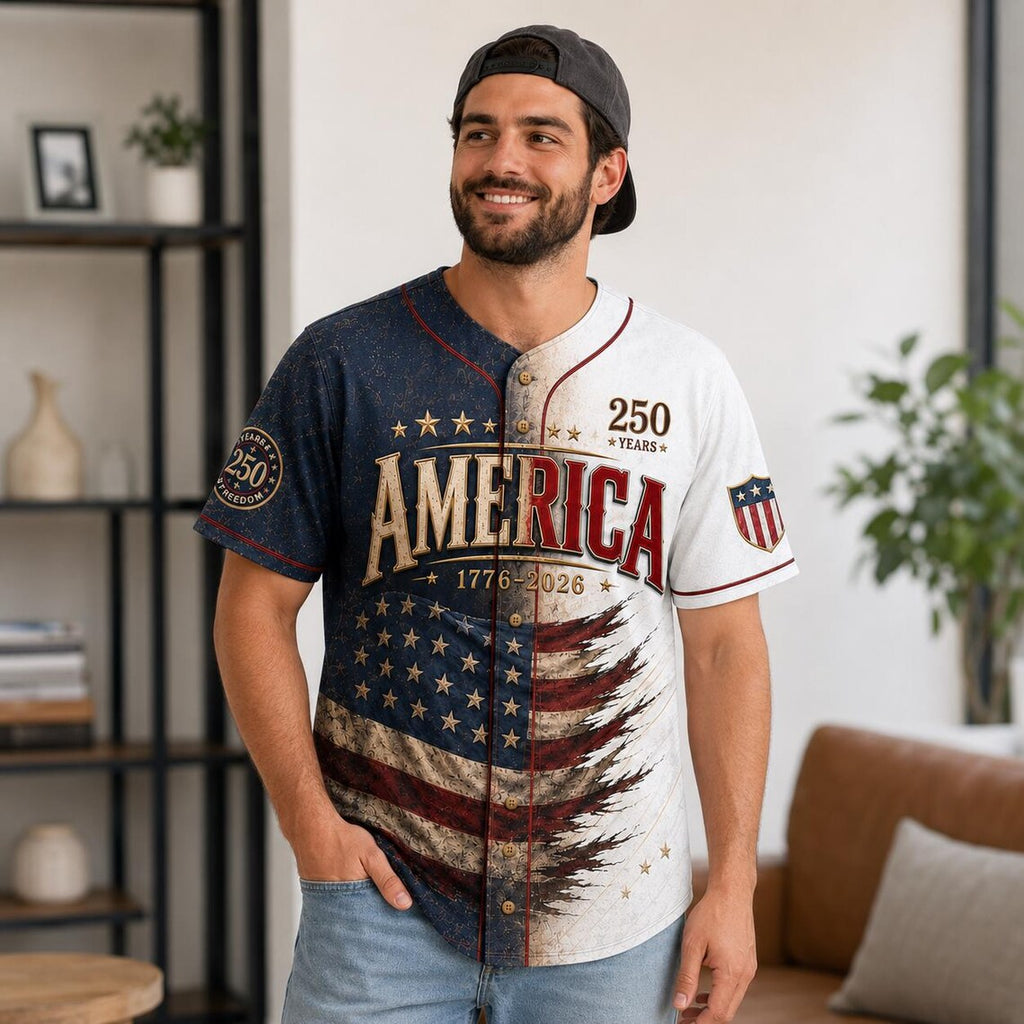 [FREESHIP] Custom USA Baseball Jersey, Distressed 1776 2026 Commemorative Shirt, Rustic Patriotic Clothing, Fourth of July Vintage Streetwear