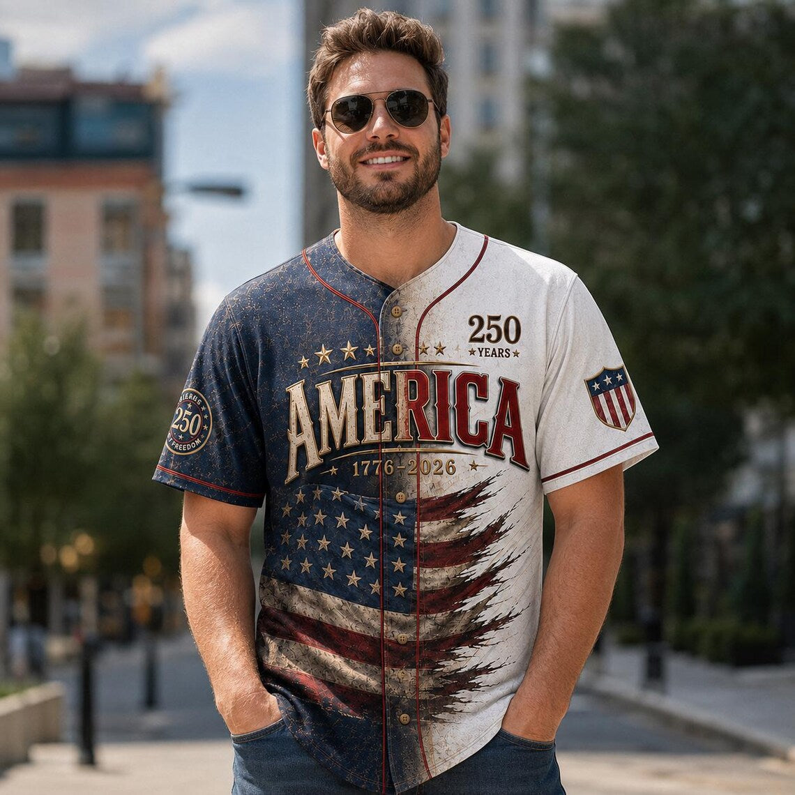 [FREESHIP] Custom USA Baseball Jersey, Distressed 1776 2026 Commemorative Shirt, Rustic Patriotic Clothing, Fourth of July Vintage Streetwear
