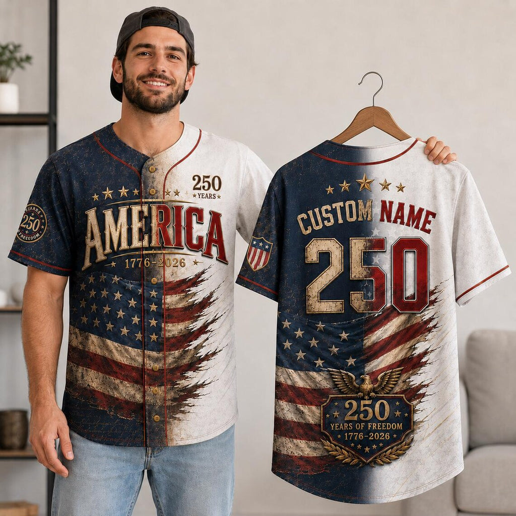[FREESHIP] Custom USA Baseball Jersey, Distressed 1776 2026 Commemorative Shirt, Rustic Patriotic Clothing, Fourth of July Vintage Streetwear